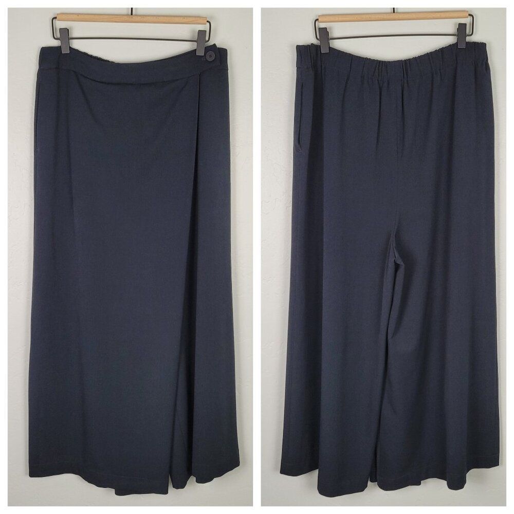 Oak + Fort Size 10 Trousers Pants Front Wrap Wide Leg Elastic Waist Navy Blue
